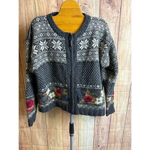 Icelandic Design 100% Wool Floral Fair Isle Cardigan Sweater Size M